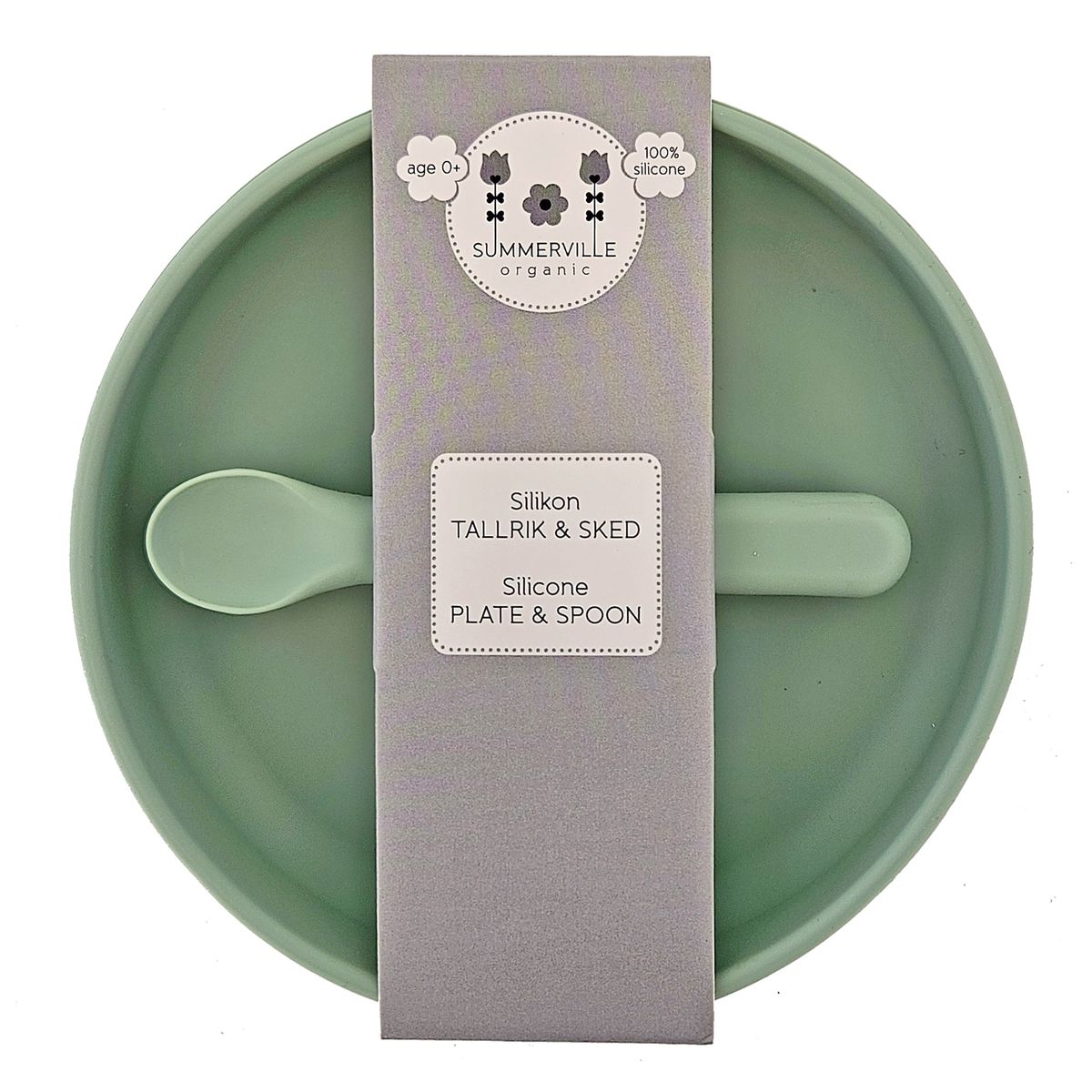 Summerville Organic Tallerken og skje i silikon, Cameo Green
